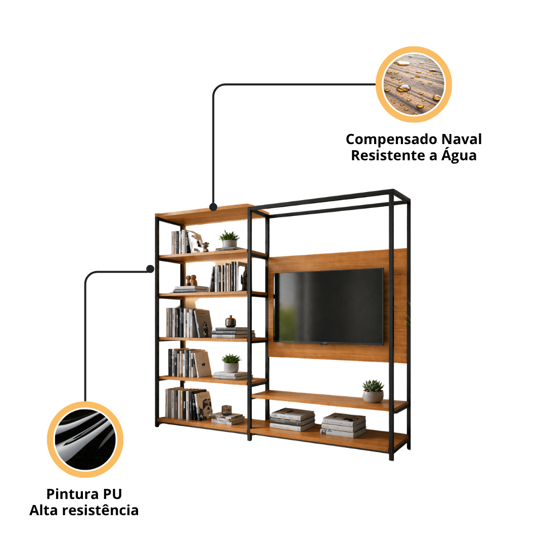 Estante Rack para TV com Painel e Nichos Estilo Industrial Dubai